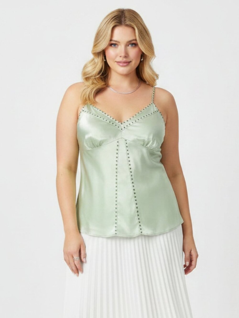 Susan Lucci 100% Silk Green Metal Studded Sleeveless Camisole Top 14